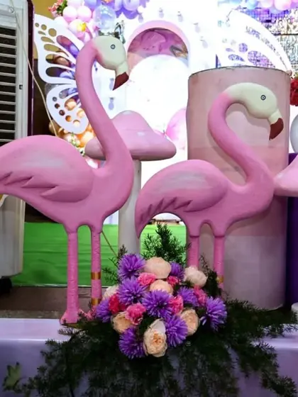 A close-up of the flamingo and mushroom props from our butterfly fairy tale theme. These unique elements add a playful and imaginative touch.
