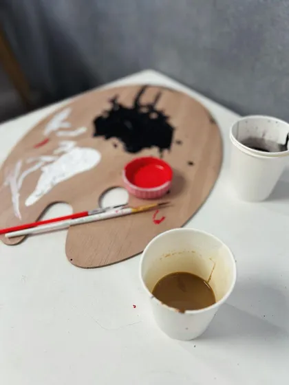 My kind of vibe. A messy paint palette, a cup of tea, and an idea waiting to happen. This is what my creative process looks like.