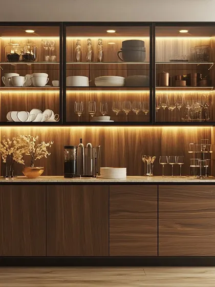 A classic crockery unit in a dark wood finish. The warm backlighting inside the glass cabinets beautifully highlights the tableware.