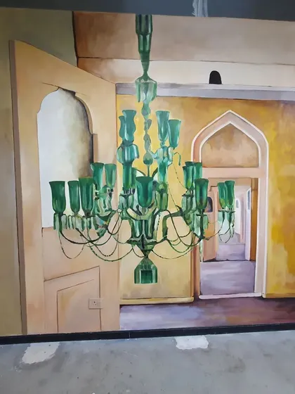 A slightly different angle of the chandelier detail in the Microsoft mural.
