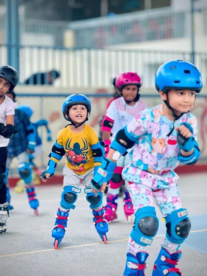 A group of our young skaters racing together. Learning in a group setting helps children motivate each other and builds a strong sense of teamwork and camaraderie.