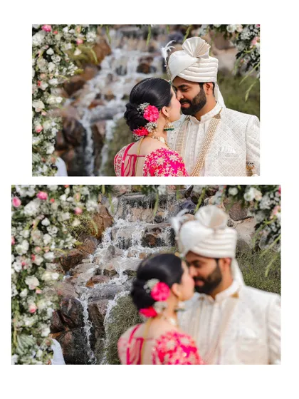 A collage of intimate moments between the couple at their wedding ceremony.