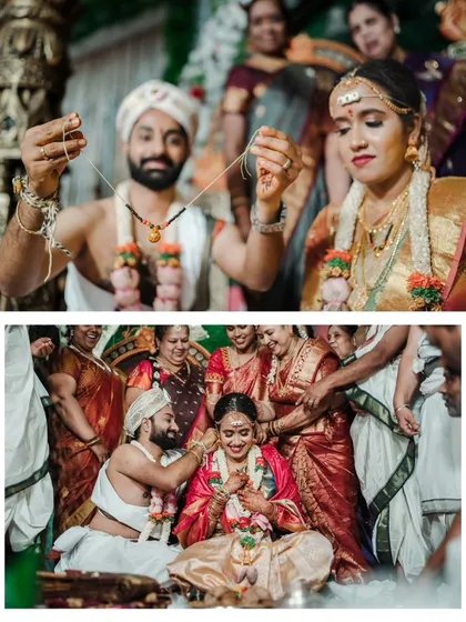 A collage of the mangalsutra ceremony, one of the most important moments in a Hindu wedding.