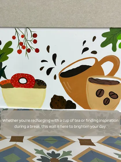 Whether you're recharging with tea or finding inspiration during a break, this wall is here to brighten your day. This detail shows coffee, donuts, and other treats.