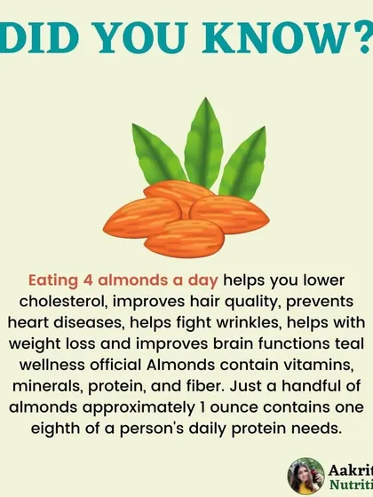Eating just four almonds a day can have amazing benefits. They help lower cholesterol, improve hair quality, and support brain function. A handful of almonds is a great source of protein and healthy fats.