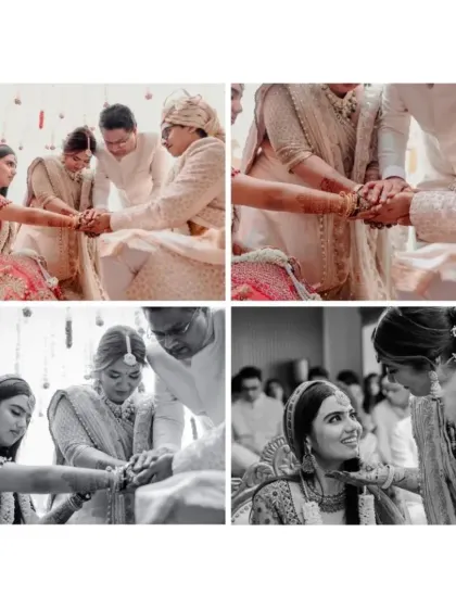 A collage of ritual moments from an intimate home wedding, showcasing the hands that bless and the traditions that bind.