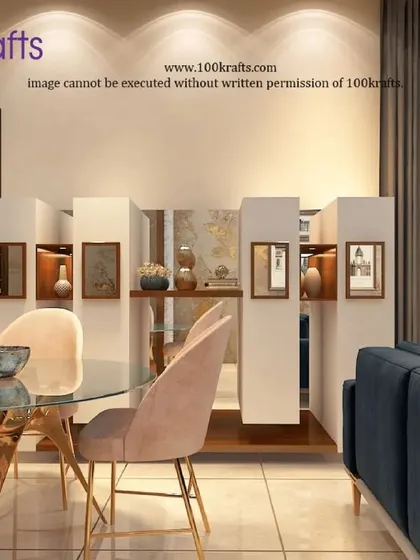 A unique partition design in our 'Modern Traditional Glam' project in Pune. The white pillars with inset display niches act as both a separator and a showcase for art and decor.