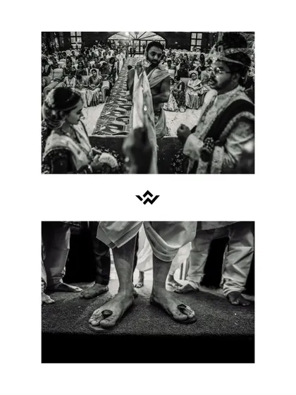 A creative black and white collage focusing on the traditional elements of the wedding, including the groom's padukas (footwear).