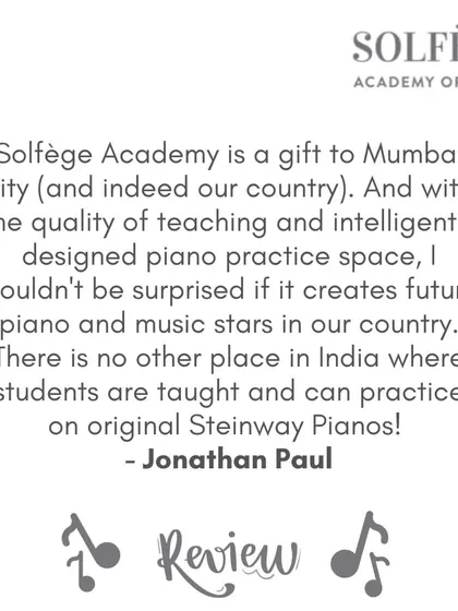 I was so touched by this review from Jonathan. It’s true that we are one of the few places in India where students can learn on original Steinway pianos. We believe the quality of the instrument deeply affects the learning experience, and we're proud to offer this to our students.