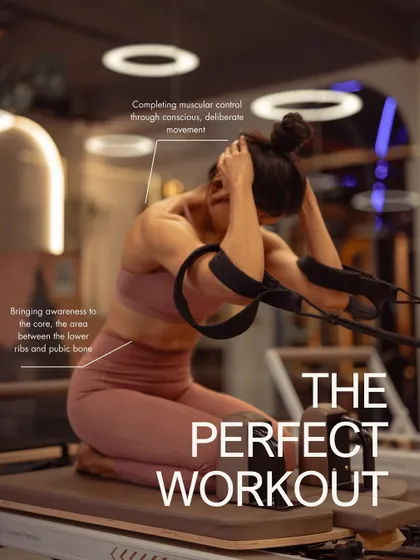 The perfect workout is about conscious, deliberate movement. This image breaks down the key principles of a reformer exercise, highlighting core awareness and muscular control for maximum results.