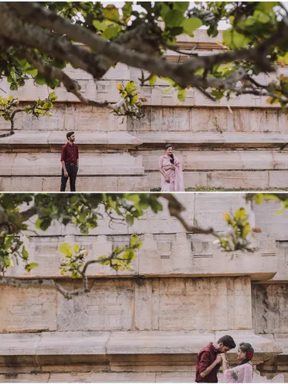 A collage of a couple's vintage-themed pre-wedding shoot, capturing their romantic interactions in a rustic setting.