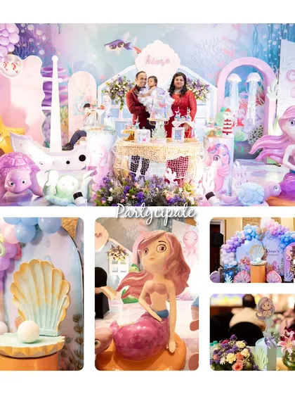 A collage of precious moments from Kiara's mermaid-themed birthday. It shows the family celebrating in front of the beautiful backdrop we created for them.