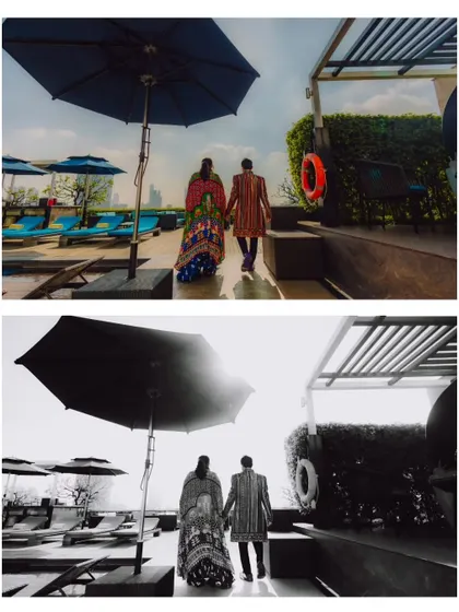 A creative shot of the couple walking by the pool, captured in both color and black and white.