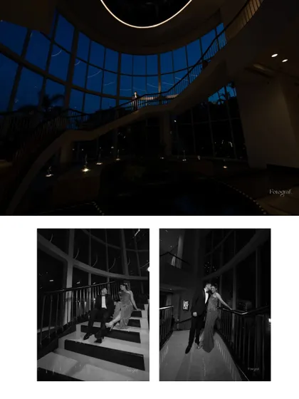 A collage of dramatic, wide-angle, and black and white shots of the couple in a modern venue, showcasing the grand and stylish feel of their cocktail night.