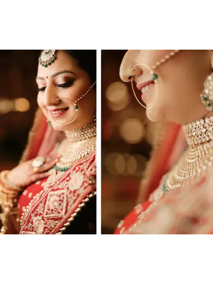 A collage of two intimate bridal portraits, capturing her gentle smile and the intricate details of her wedding jewelry. The warm lighting adds to the romantic feel.