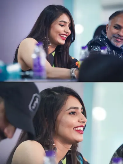 Two candid shots of actress Sapthami Gowda enjoying a moment during an event. Her bright smile is the focus of these natural and engaging portraits.