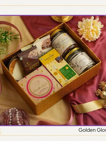 The "Golden Glow" hamper is a popular choice for Diwali. It contains almond brittle, honey twigs, and other gourmet items in a beautiful golden box, offering a warm and inviting gift.