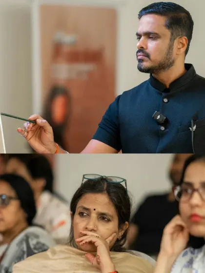 A composite image showing me demonstrating a sketch and the attentive students at a Delhi workshop.