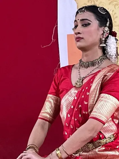 A performance still from the same event in Goa. The regal posture and intense expression are part of a lecture demonstration, explaining the nuances of the art form.