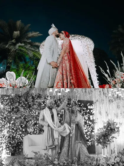 A collage of Sarthak and Vratika's ceremony, showing their kiss of love and the traditional tying of the knot, in both color and monochrome.