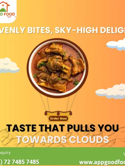Heavenly bites, sky-high delights. This image of a mutton curry in a hot air balloon represents taste that pulls you towards the clouds.
