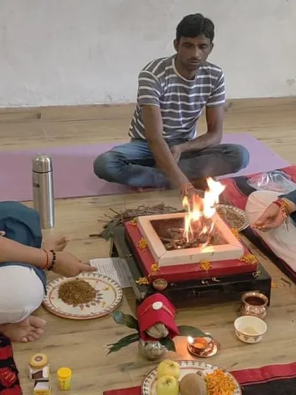A Hawan ceremony taking place at one of our indoor studios. We perform these rituals to infuse divinity, sanctity, and positivity into the lives of everyone in our community.