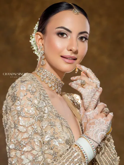 A stunning close-up from the airbrush demo. The white henna and flawless makeup create a unique and memorable bridal look for your portfolio.