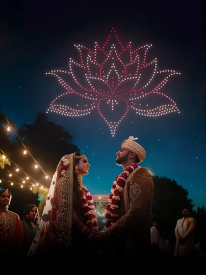For a truly unforgettable Indian wedding, I can fill the sky with culturally significant symbols like this glowing lotus flower, creating a breathtaking backdrop for your ceremony. This is more than entertainment; it's a statement piece for your special day.