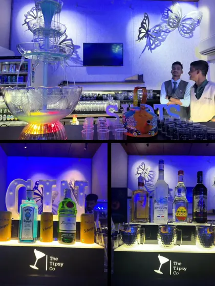 A collage showing our butterfly-themed bar. The setup includes a drink fountain, custom glassware, and a well-stocked bar, all under cool blue lighting to create a magical atmosphere.
