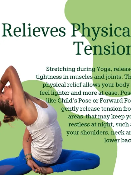 Stretching in yoga releases tightness in muscles and joints, especially in the shoulders, neck, and lower back. This physical relief allows your body to feel lighter and more at ease.