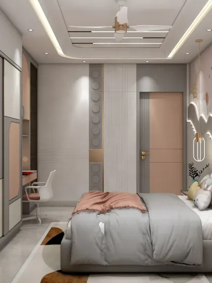 A different angle of the kids' room, showing the seamless integration of the wardrobe and the door. The consistent color scheme creates a harmonious and calming space.