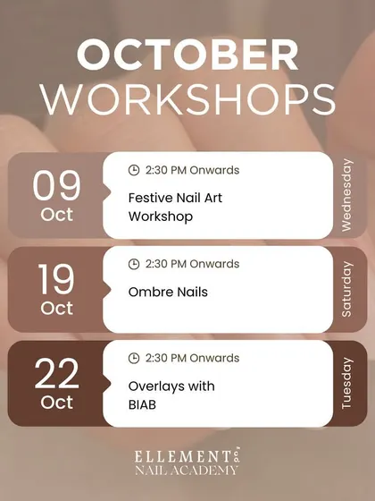 Our October workshops are here. Join us for sessions on Festive Nail Art, Ombré Nails, and Overlays with BIAB.