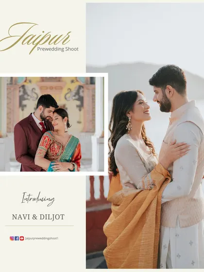 An introductory image for Navi and Diljot, featuring a romantic moment from their sunrise shoot at Jal Mahal.