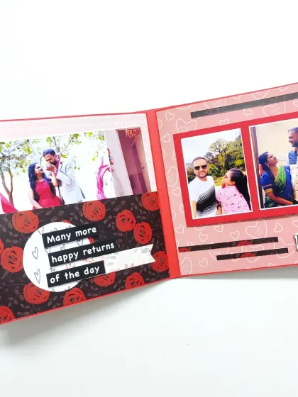 A birthday-themed page within a couple's scrapbook, with a pocket for extra photos and a "Many more happy returns of the day" message.