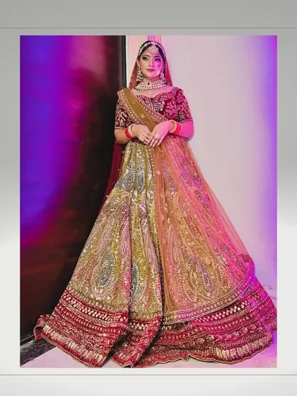A full-length view of our stunning multi-colored bridal lehenga, perfect for the bride who wants a unique and vibrant look.