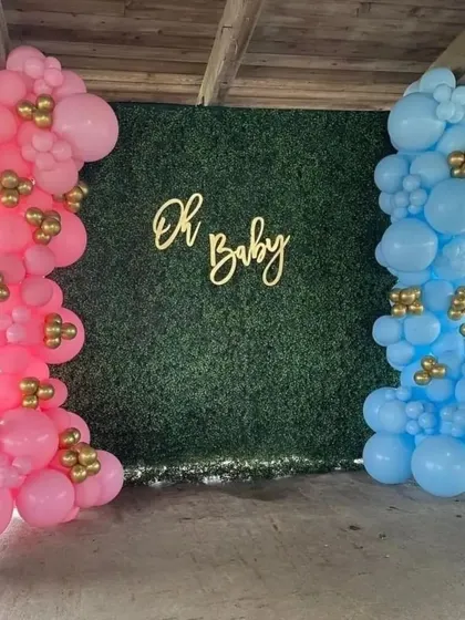 This is a classic gender reveal setup against a green hedge wall. I use two distinct balloon pillars, one pink and one blue, with a central 'Oh Baby' sign to build excitement.