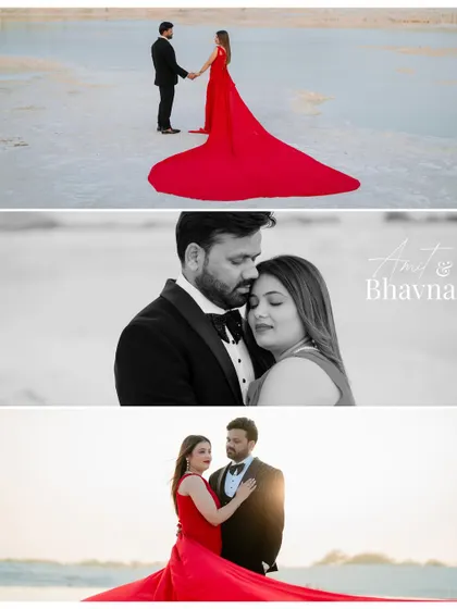 A collage of Amit and Bhavna's dramatic shoot, including a beautiful black-and-white close-up that focuses on their connection amidst the epic scenery.