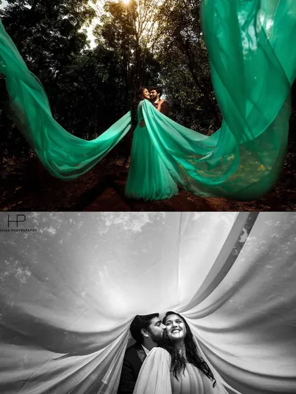 A dramatic outdoor portrait where the bride's long green gown flows in the wind. The bottom black and white shot shows a playful, intimate moment under the fabric.