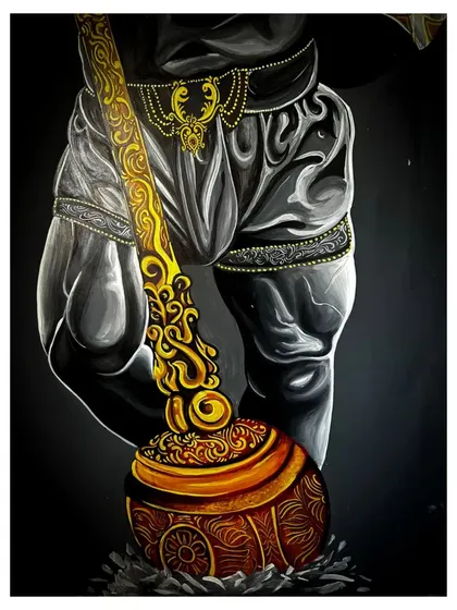 A slightly different angle of the lower section of the Hanuman mural. This view shows the intricate patterns on the mace and the realistic muscle definition, conveying a sense of divine strength.