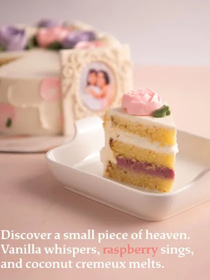 Discover a small piece of heaven. Vanilla whispers, raspberry sings, and coconut cremeux melts in this special occasion cake.