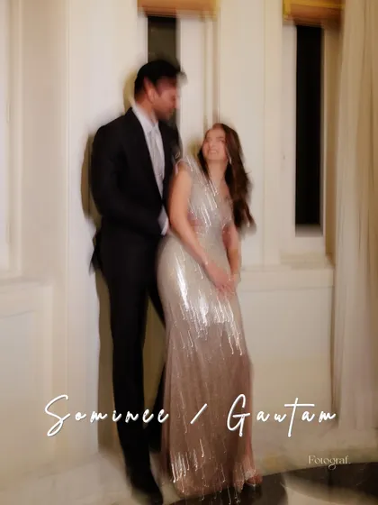 An artistic, motion-blur shot of the couple at their cocktail party, capturing the feeling of a fast-paced, fun-filled night.