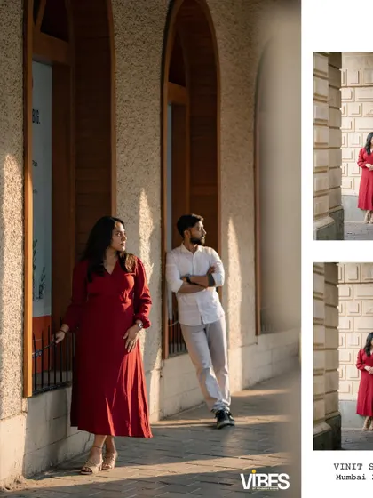 A creative collage showing a couple posing in an architectural corridor, with smaller inset images. This format is great for showing different angles and moods from the same location.