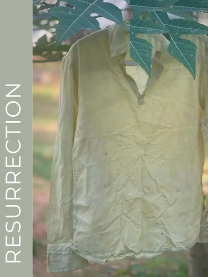 The "before" shot of a garment resurrection. This simple shirt is the perfect canvas for our eco-printing or dyeing techniques, ready to be transformed into something special.