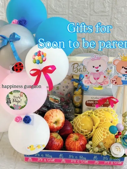 For a healthier option, I create fresh fruit hampers for expecting parents. This arrangement includes a selection of fresh fruits, chocolates, and decorative balloons, making it a refreshing and thoughtful gift.