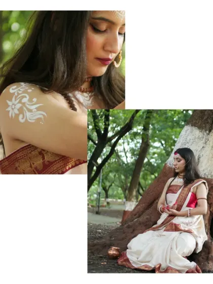 A dual-frame look at our Parvati concept, showing a close-up of the shoulder body art alongside a full-body shot of the model in meditative pose by a tree.
