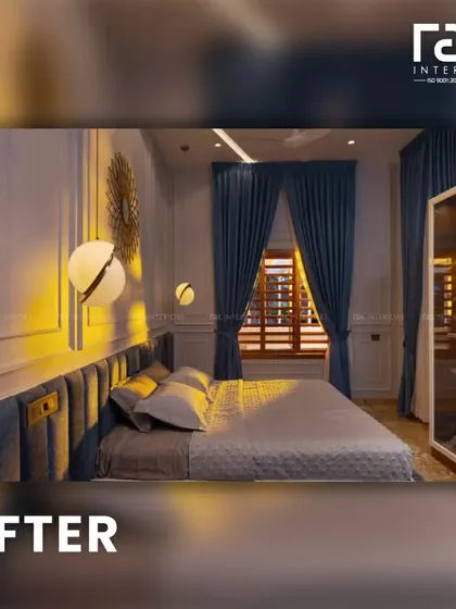 A dramatic before-and-after of a bedroom. We transformed a simple room into a sophisticated sanctuary with a custom upholstered headboard, elegant wall paneling, and modern lighting.