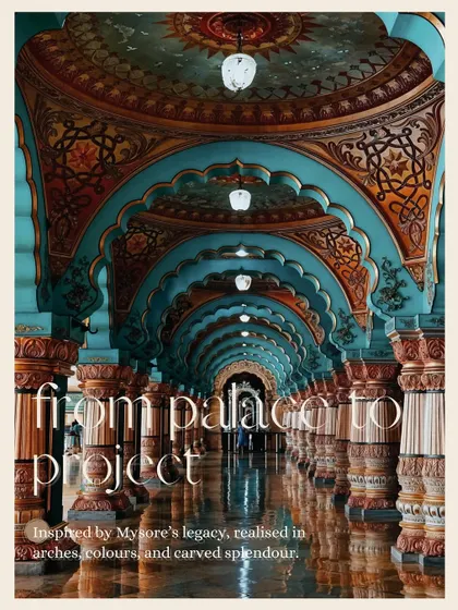 An inspiration board titled 'From Palace to Project', featuring an image of the real Mysore Palace. This shows the direct line of inspiration from historical architecture to our event designs.