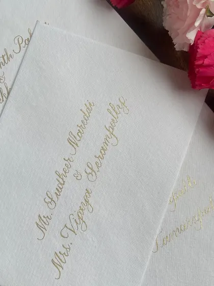 There's something so timeless about hand-addressed envelopes. I love working with different color palettes and textures, from classic gold on handmade white paper to crisp white on rich brown envelopes.