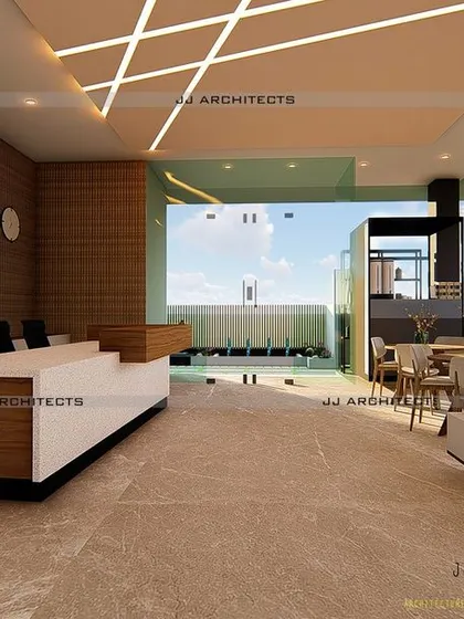 A 3D render for a commercial reception and waiting lounge. The design features a modern reception desk, stylish ceiling lights, and a seamless connection to the outdoors.