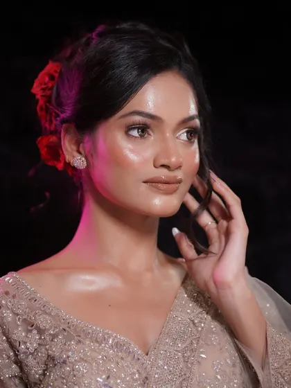 Another beautiful shot of the glass skin look, showing how it looks flawless and radiant even from a distance. This is the art of minimal yet stunning makeup.